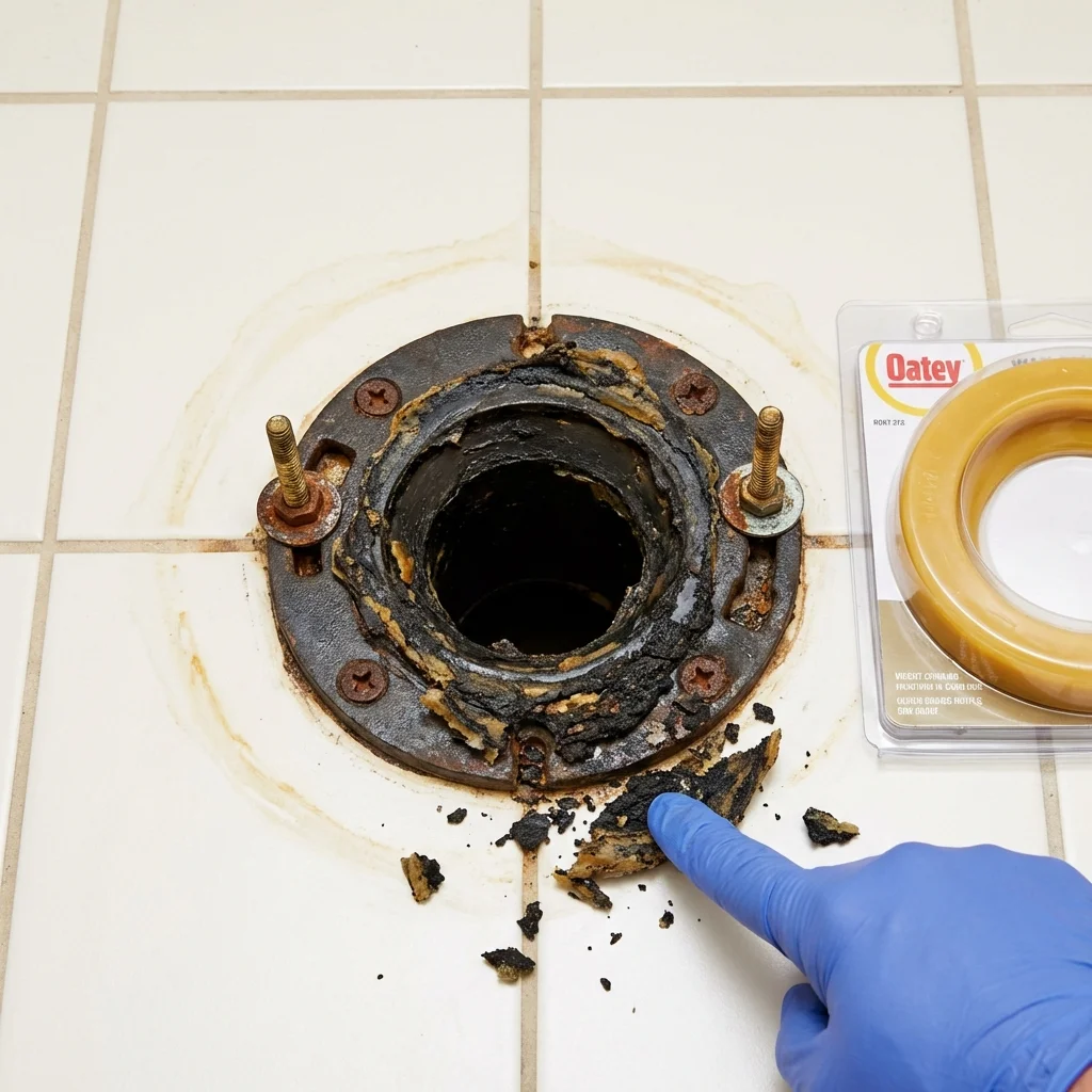 Failed wax ring showing water seepage at the base of a toilet in a Fulton, MS home